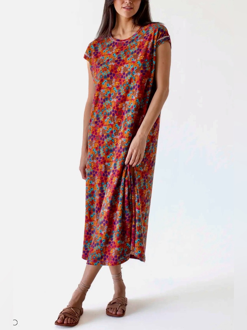 Natural Life Frankie Knit Cotton Tee Midi Dress Floral Boho Loungewear Coastal